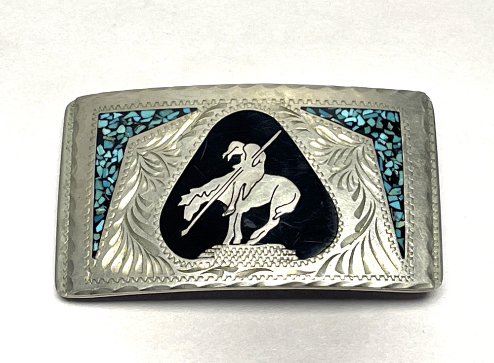 Indian On Horse End Of Trail Belt Buckle DT Handcrafted Turquoise Inlay 99g
